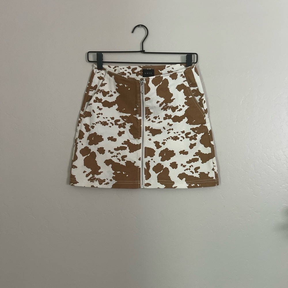 Obey White and Brown Cow-Print Zip Mini Skirt